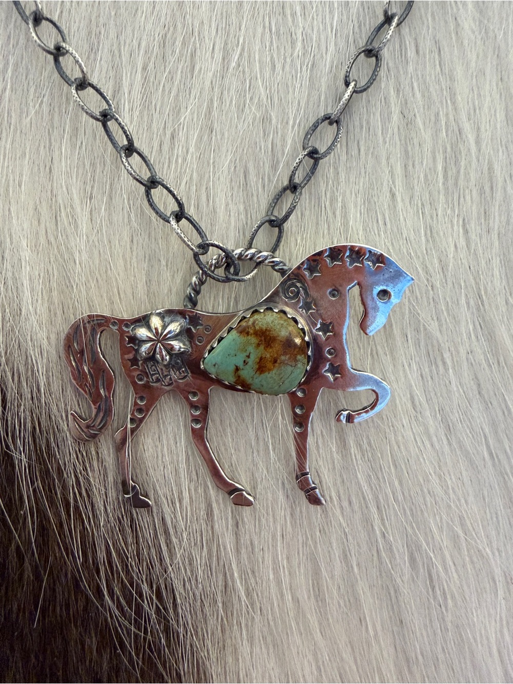 ❤️ Kingman Turquoise Decorative Sterling Hand Stamped Statement Horse Pendant